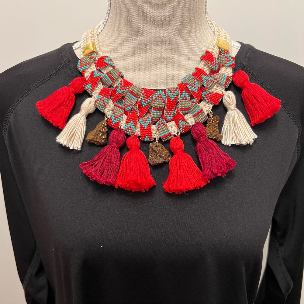 Handcrafted Macrame Beaded Tassel Pyrite Art to Wear Statement Collar Necklace